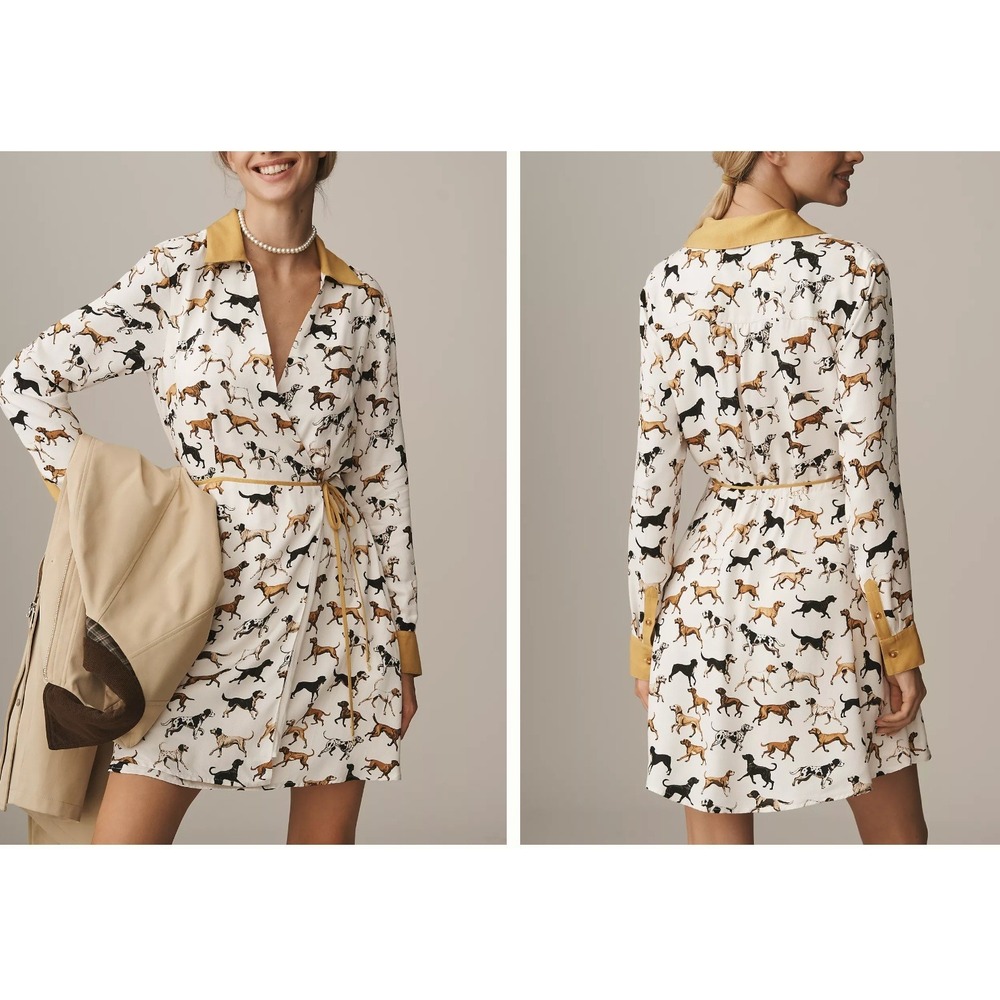 Maeve Cream Horse-Print Wrap Mini Dress with Mustard Trim